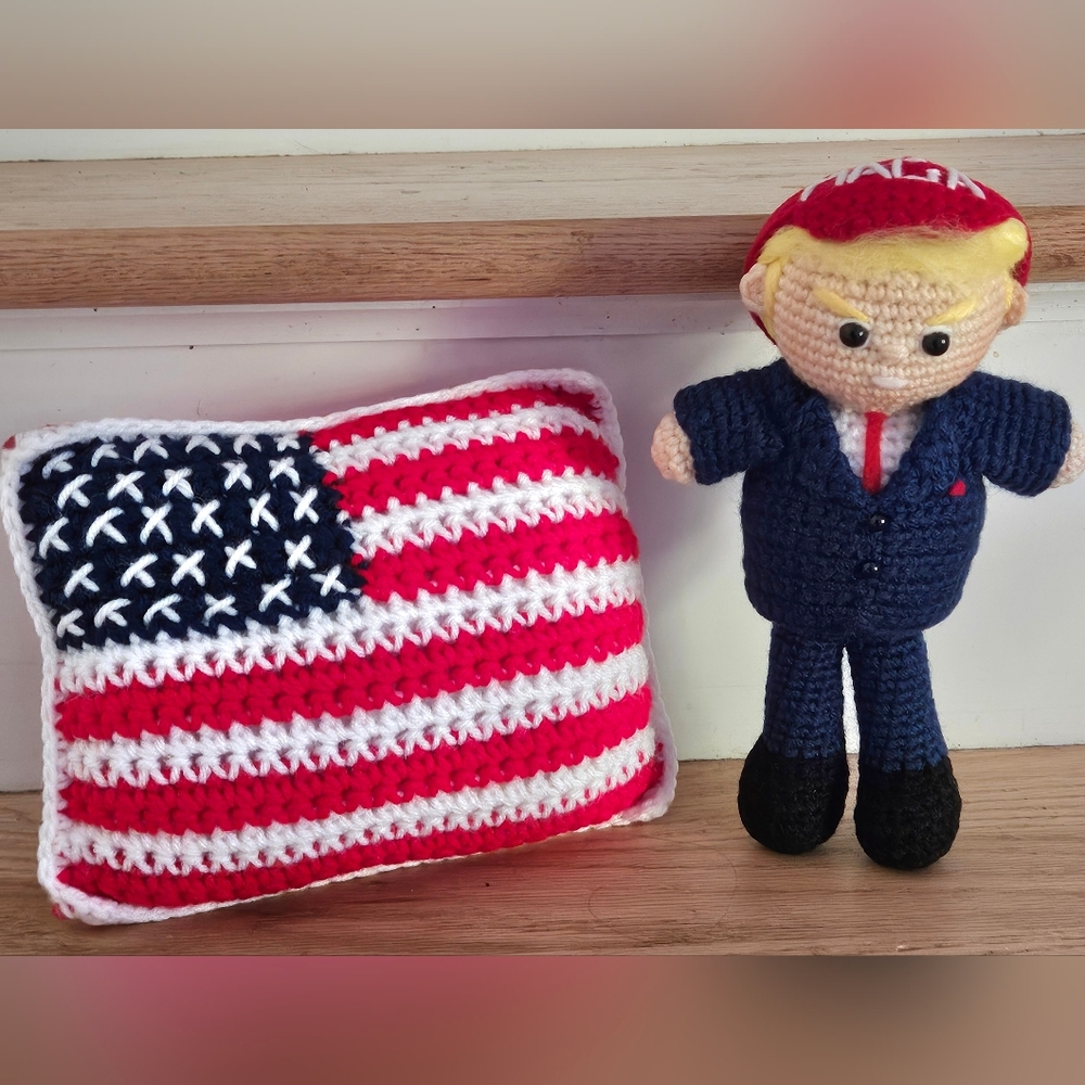Donald Trump Crocheted Amigurumi Stuffed Doll & Flag, NEW